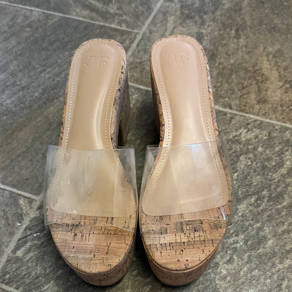 JF Women's Tan Cork Mules with Clear Strap
